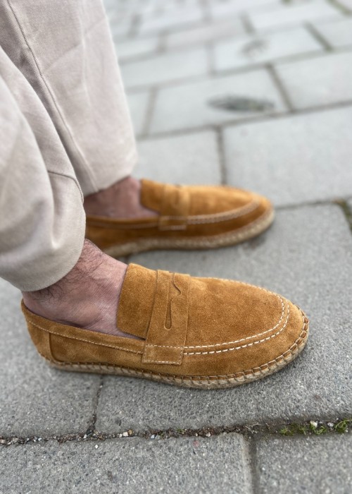 Rose Hakiki Deri Camel Süet Loafer Espadril