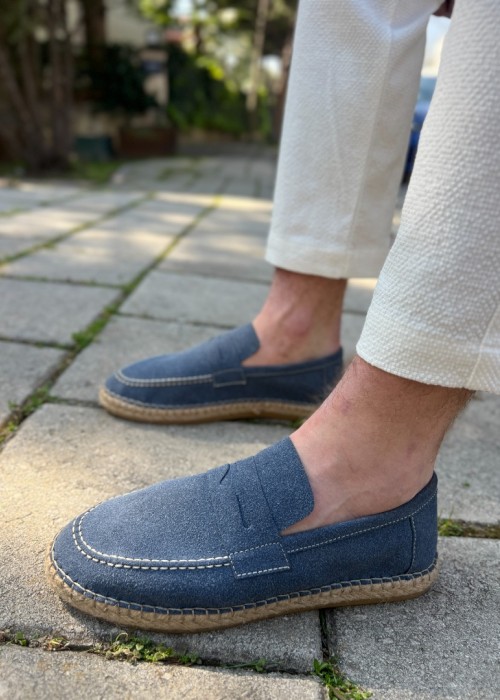 Lotus Erkek Suni Deri Mavi Loafer Espadril