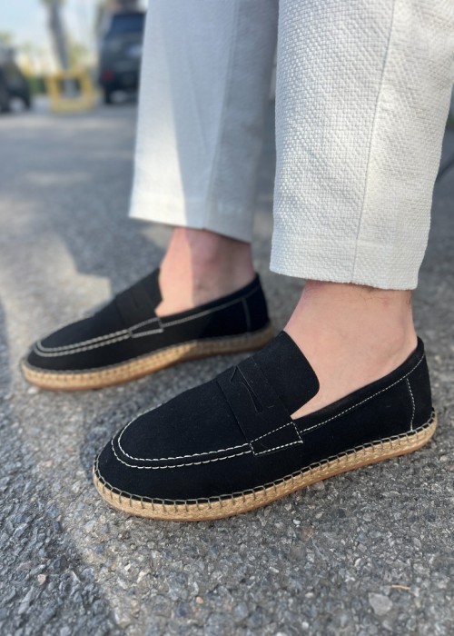 Lotus Erkek Suni Deri Siyah Loafer Espadril