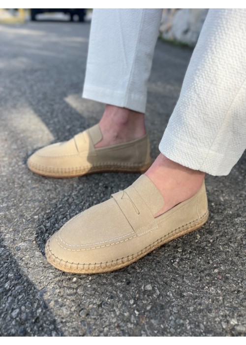 Lotus Erkek Suni Deri Bej Loafer Espadril